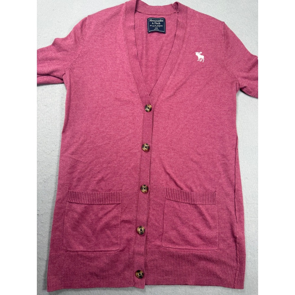 Abercrombie‎ Fitch Pink Cardigan Sweater Womens XXS Embroidered Moose Pockets - Picture 3 of 10